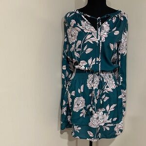 *BOSTON PROPER* Teal Floral Tie-Neck Long Sleeve Dress Size XS